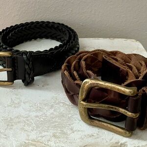 2 Braided Leather Woven Belts With Brass Buckles / Size 32 & 34